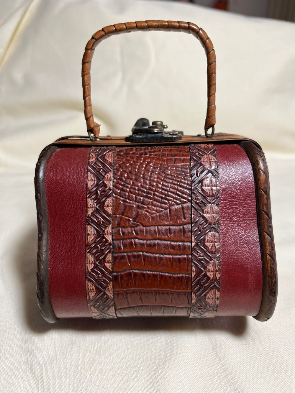 70’s Brown & Burgundy Leather and Bamboo Mini Top-Handle Bag